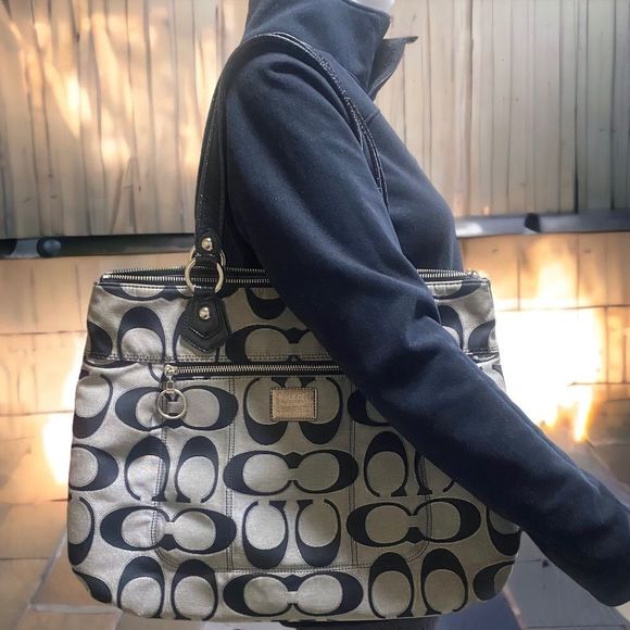 Coach Handbags - Coach Poppy Glam Signature Metallic Bag Gray/Black/Silver Purple Satin Lining XL